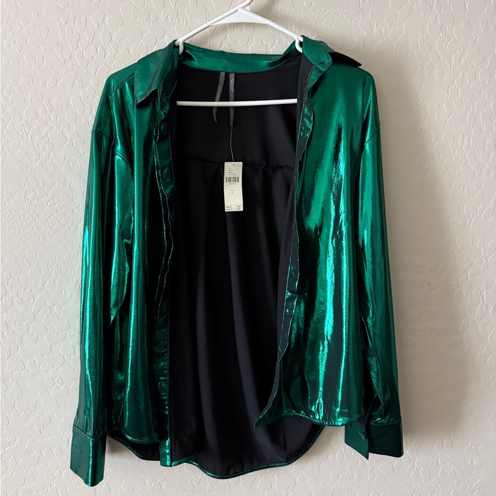 NWT Anthropologie Shiny Green Button-Up Shirt